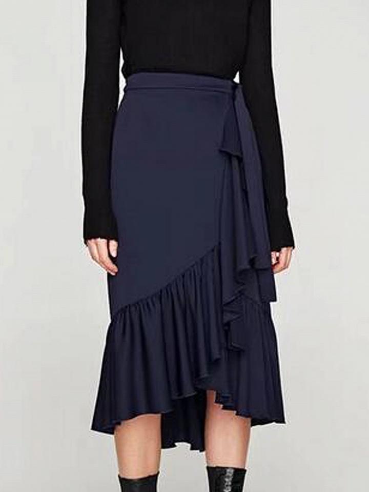 Choies Navy Tie Waist Ruffle Hem Midi Wrap Skirt