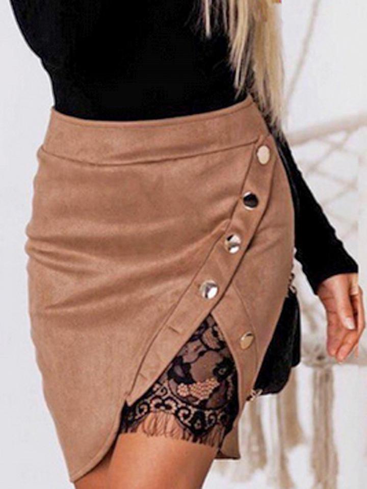 Choies Khaki Faux Suede Split Front Lace Lining Mini Skirt
