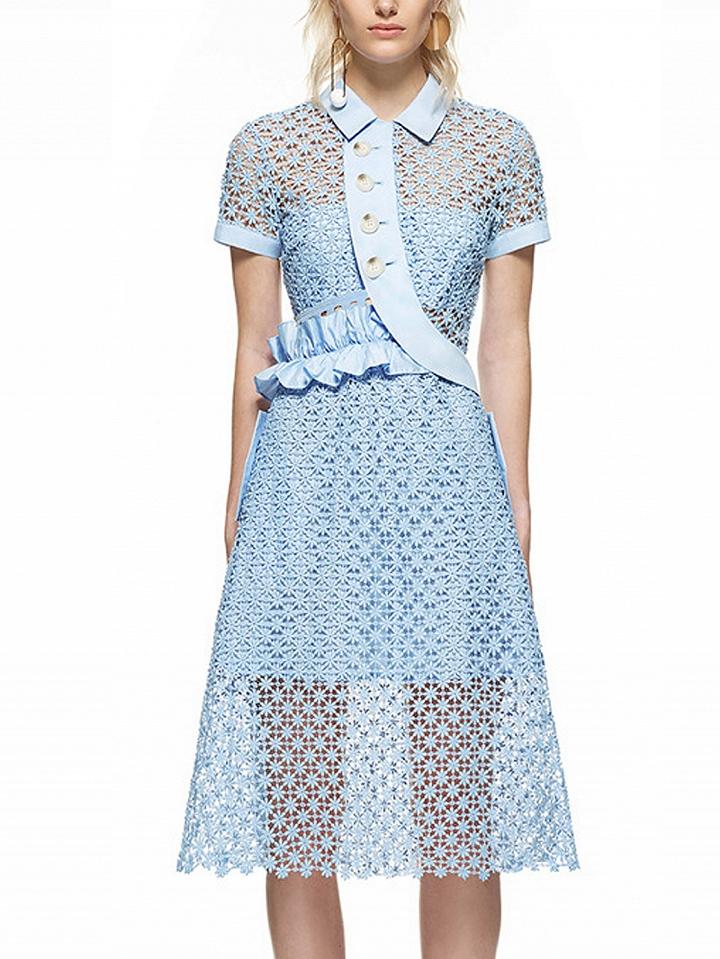 Choies Blue Curved Button Placket Plunge Back Frill Lace Midi Dress
