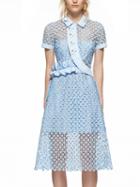 Choies Blue Curved Button Placket Plunge Back Frill Lace Midi Dress