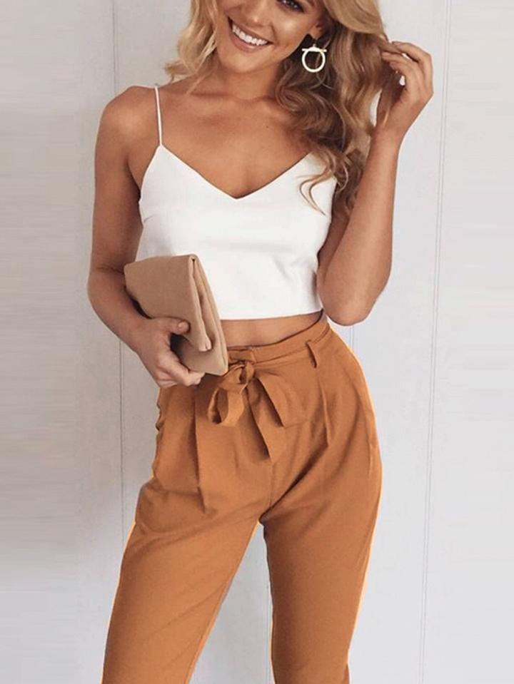 Choies Khaki Spaghetti Strap V-neck Crop Top And High Waist Pants