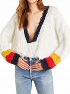 Choies White Contrast Plunge Fur Trim Long Sleeve Women Sweater