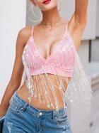 Choies Pink Spaghetti Strap Plunge Tassel Trim Sequin Detail Tank Top