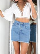 Choies White Plunge Embroidery Detail Flare Sleeve Crop Top