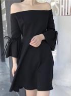 Choies Black Off Shoulder Tie Detail Flare Sleeve Chic Women Mini Dress