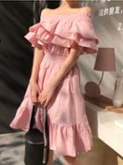 Choies Pink Off Shoulder Ruffle Trim Chic Women Dress