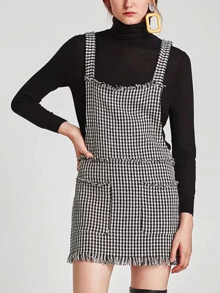 Choies Gray Gingham Raw Trim Wool Blend Mini Vest Dress
