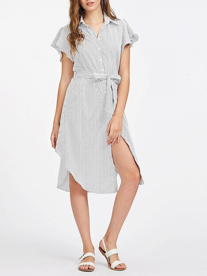 Choies White Stripe Ruffle Sleeve Tie Waist Shirt Dress