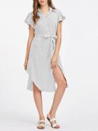 Choies White Stripe Ruffle Sleeve Tie Waist Shirt Dress