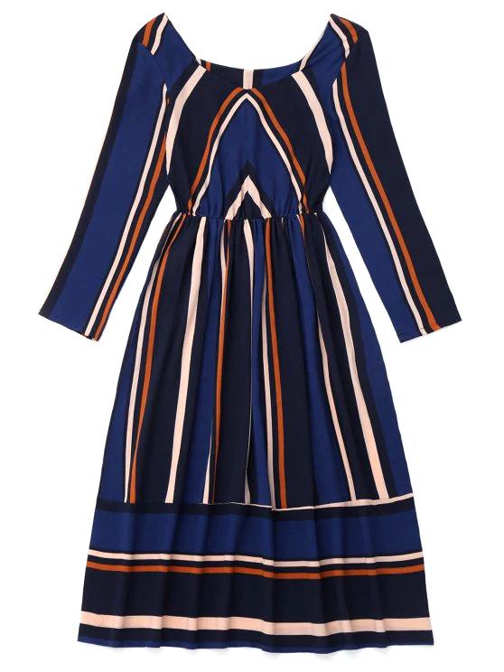 Choies Dark Blue Contrast Stripe Long Sleeve Dress