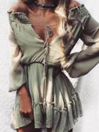 Choies Green Off Shoulder Tie Front Blouson Sleeve Ruffle Hem Mini Dress