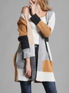 Choies Camel Brown Plaid Open Front Long Sleeve Knit Cardigan