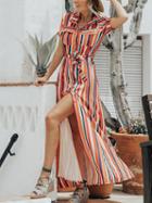 Choies Polychrome Stripe Cotton Lapel Tie Waist Chic Women Maxi Dress