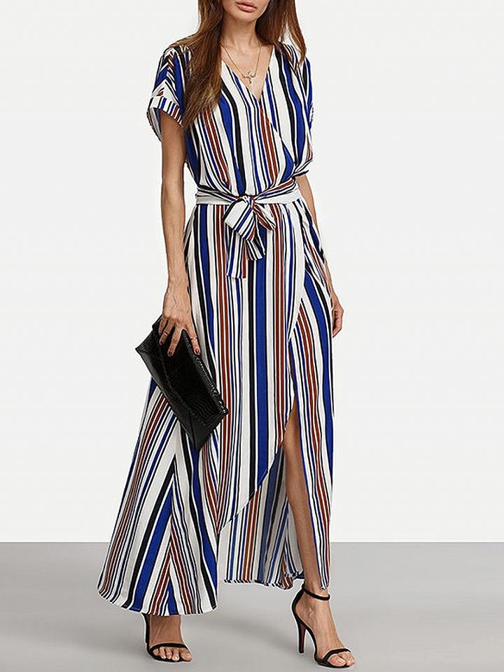 Choies Blue Stripe V-neck Tie Waist Thigh Split Front Maxi Dress