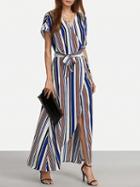 Choies Blue Stripe V-neck Tie Waist Thigh Split Front Maxi Dress