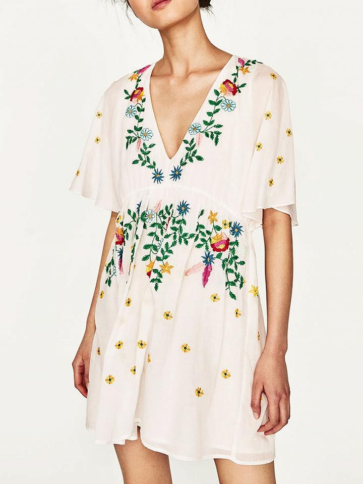 Choies White V-neck Embroidery Floral Mini Dress