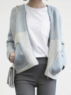 Choies Blue Long Sleeve Pocket Knitted Bomber Jacket