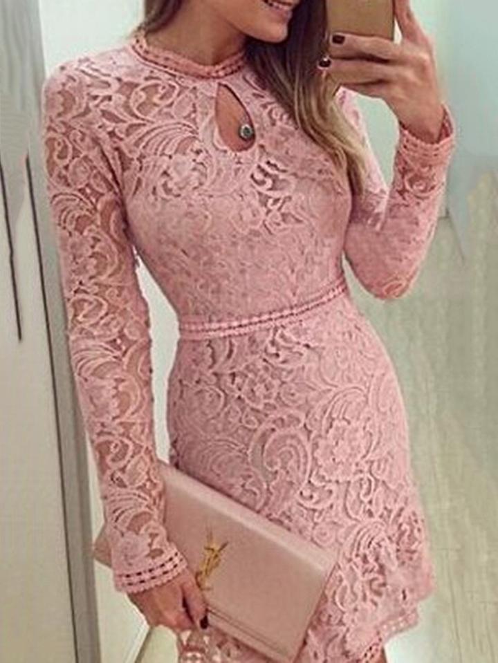 Choies Pink Cut Out Detail Long Sleeve Lace Mini Dress