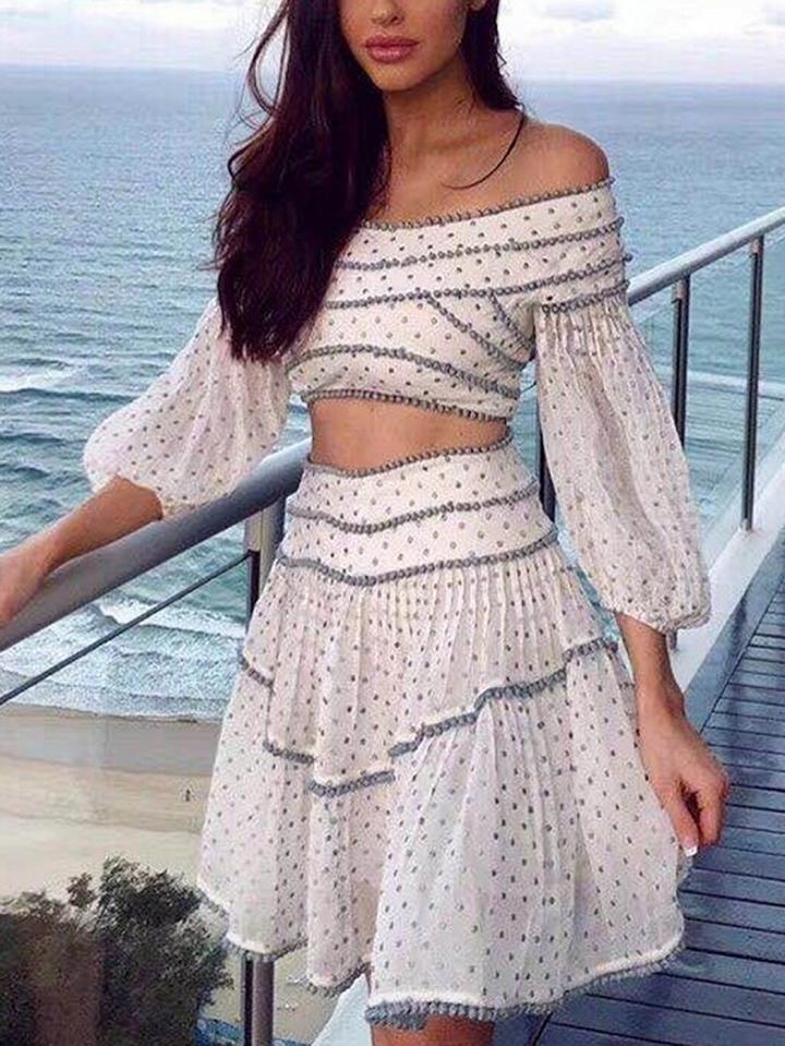 Choies White Chiffon Off Shoulder Polka Dot Chic Women Crop Top And Skirt