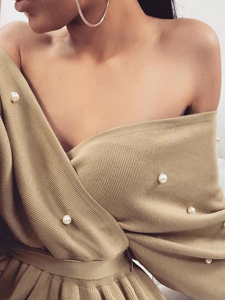 Choies Khaki V-neck Beaded Detail Ruffle Hem Long Sleeve Women Sweater
