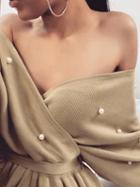 Choies Khaki V-neck Beaded Detail Ruffle Hem Long Sleeve Women Sweater
