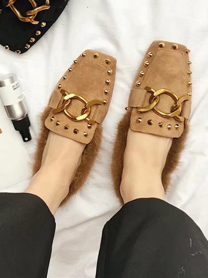 Choies Camel Faux Suede Studs Metal Chain Detail Flat Shoes