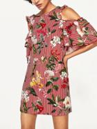 Choies Polychrome Stripe Floral Cold Shoulder Ruffle V-neck Back Mini Dress
