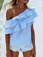 Choies Blue Striped One Shoulder Layered Ruffle Top