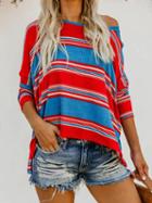 Choies Red Contrast Stripe Ribbed Split Side Long Sleeve T-shirt