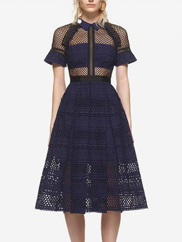 Choies Navy Lace Panel Pointed Collar High Waist Midi Dress