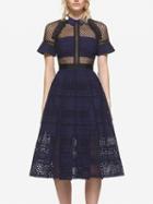 Choies Navy Lace Panel Pointed Collar High Waist Midi Dress
