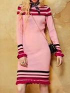 Choies Pink Stripe Ruffle Hem Long Sleeve Knitted Bodycon Dress
