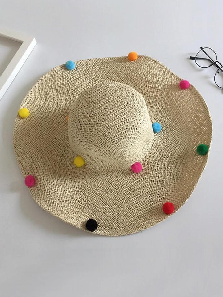 Choies Beige Pom Poms Floppy Straw Hat