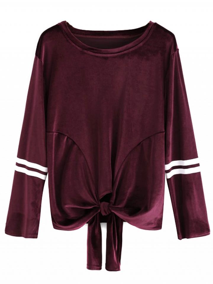 Choies Burgundy Stripe Velvet Bow Tie Front Blouse