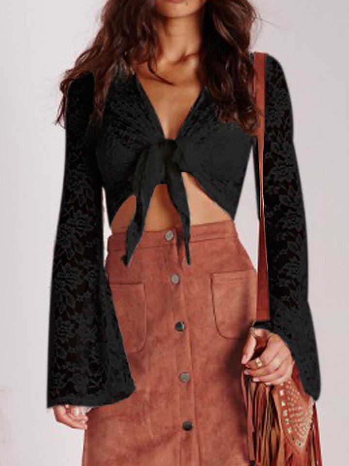Choies Black V-neck Knot Front Flare Sleeve Lace Crop Top