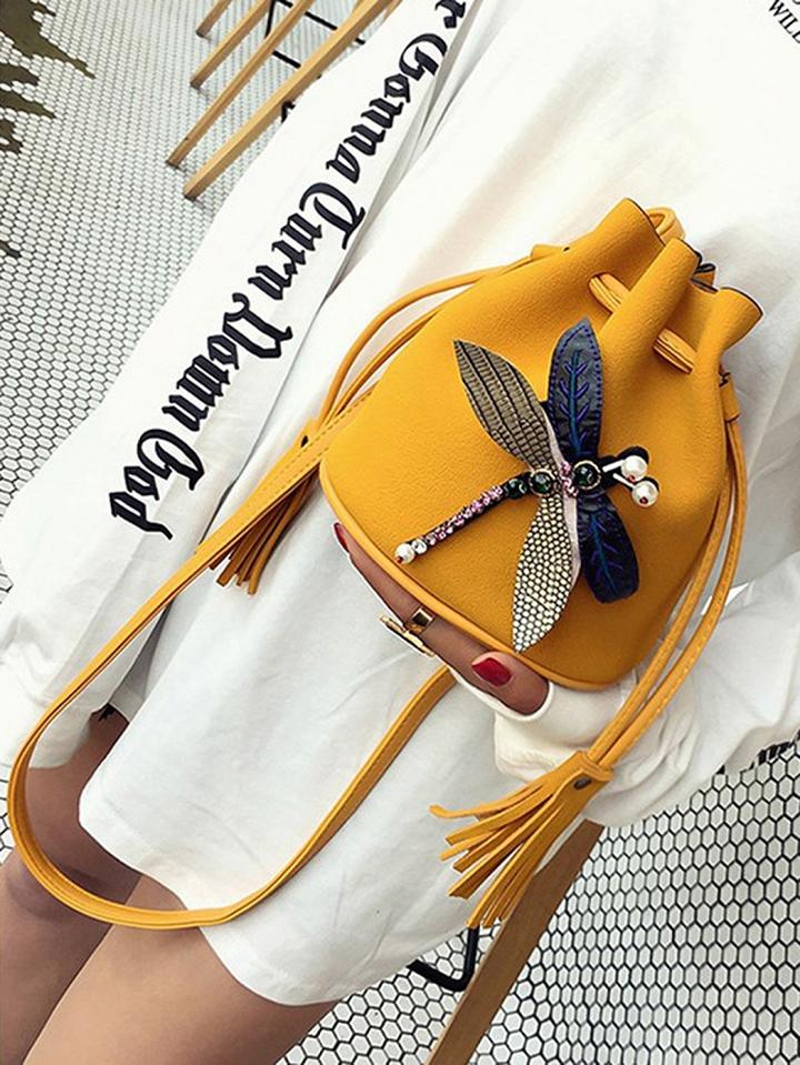 Choies Yellow 3d Dragonfly Drawstring Design Chic Women Bucket Bag