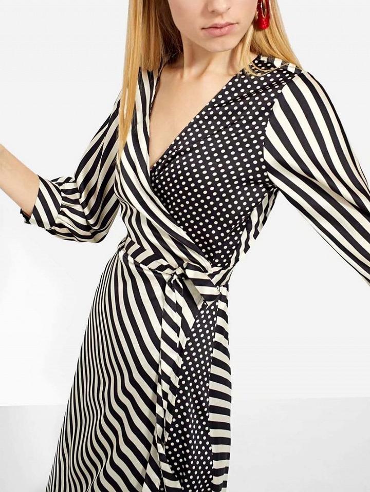 Choies Black Contrast Stripe Tie Waist Polka Dot Asymmetric Hem Dress