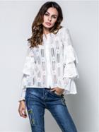 Choies White Ruffle Detail Flare Sleeve Lace Shirt