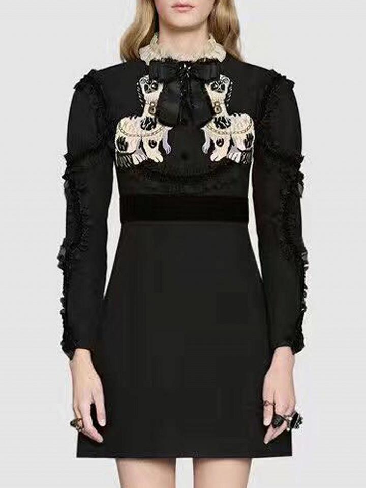 Choies Black Bow Front Dog Pattern Frill Trim Long Sleeve Mini Dress