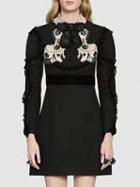 Choies Black Bow Front Dog Pattern Frill Trim Long Sleeve Mini Dress
