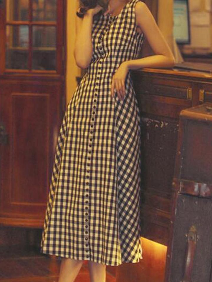 Choies Black Plaid Cotton Button Placket Front Chic Women Midi Dress
