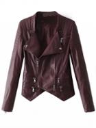 Choies Burgundy Lapel Zip Front Long Sleeve Leather Look Jacket