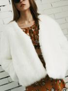 Choies White Collarless Open Front Faux Fur Coat