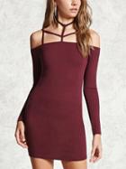 Choies Burgundy Halter Cold Shoulder Long Sleeve Bodycon Mini Dress