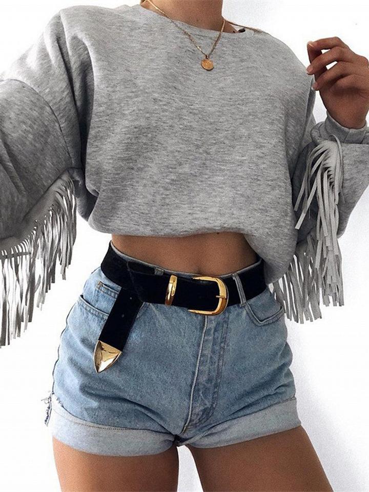 Choies Gray Cotton Tassel Trim Long Sleeve Crop Sweatshirt