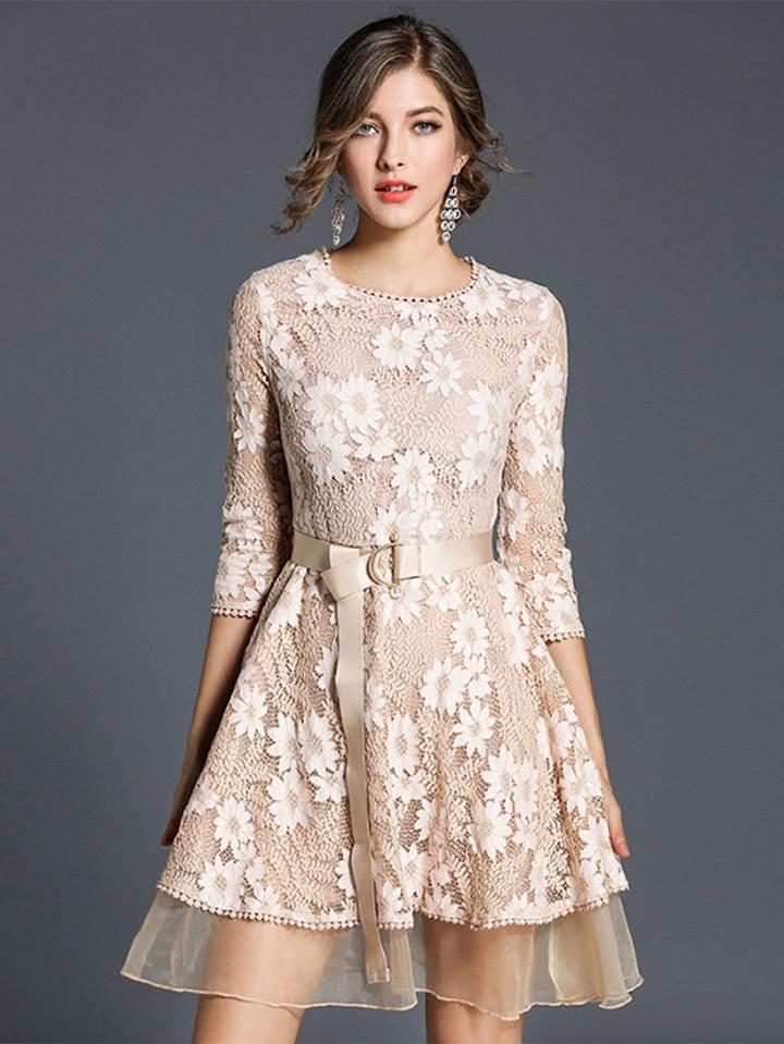 Choies Beige D-ring Belt Mesh Panel Lace Dress
