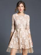 Choies Beige D-ring Belt Mesh Panel Lace Dress