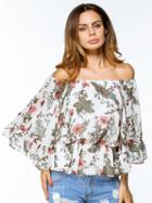Choies White Off Shoulder Floral Print Ruffle Bell Sleeve Blouse