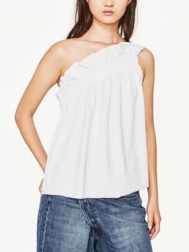 Choies White One Shoulder Ruffle Hem Blouse