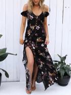 Choies Polychrome V-neck Floral Cold Shoulder Side Split Maxi Dress